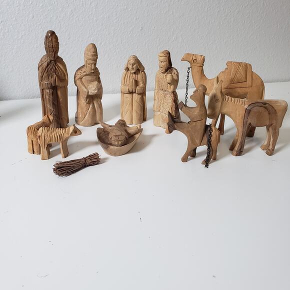 Hand Carved Wood 10PC Nativity Scene Neutral Tan Minimalist Rustic Aesthetic